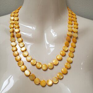 DBL Strand Yellow Shell Pearl Coin Handmade Necklace Filigree Box Clasp